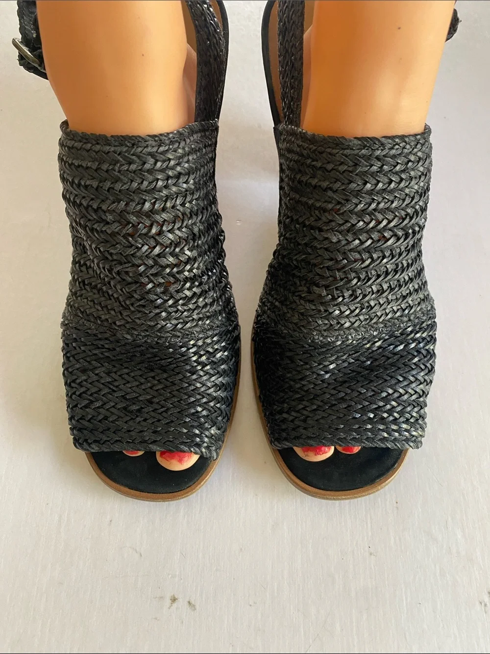 Paul Green Black Woven Open-Toe Slingback Leather Sandals Size 8